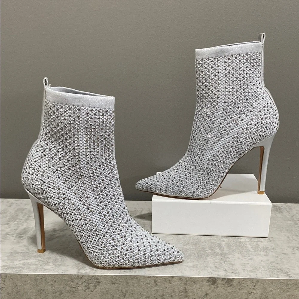 ID Required Stocking Boot Stiletto Silver Rhinestones Ankle Booties Size 6